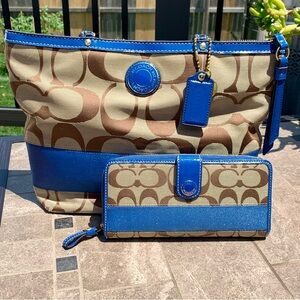 Coach Signature Stripe Brown/Blue Tote/Shoulder Bag F19046 with Wallet